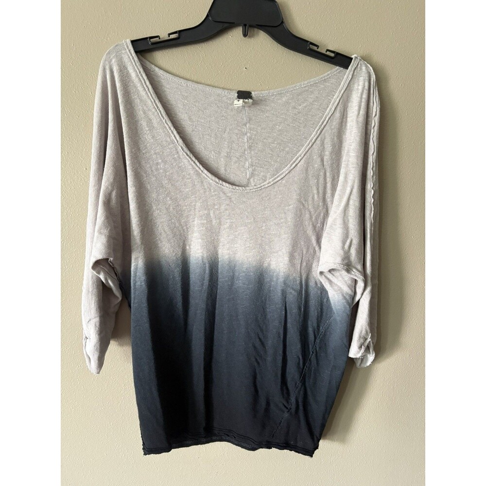 Free People We The Free Dip Dye Ombre 3/4 Sleeve Shirt Gray Raw Hem Size Small